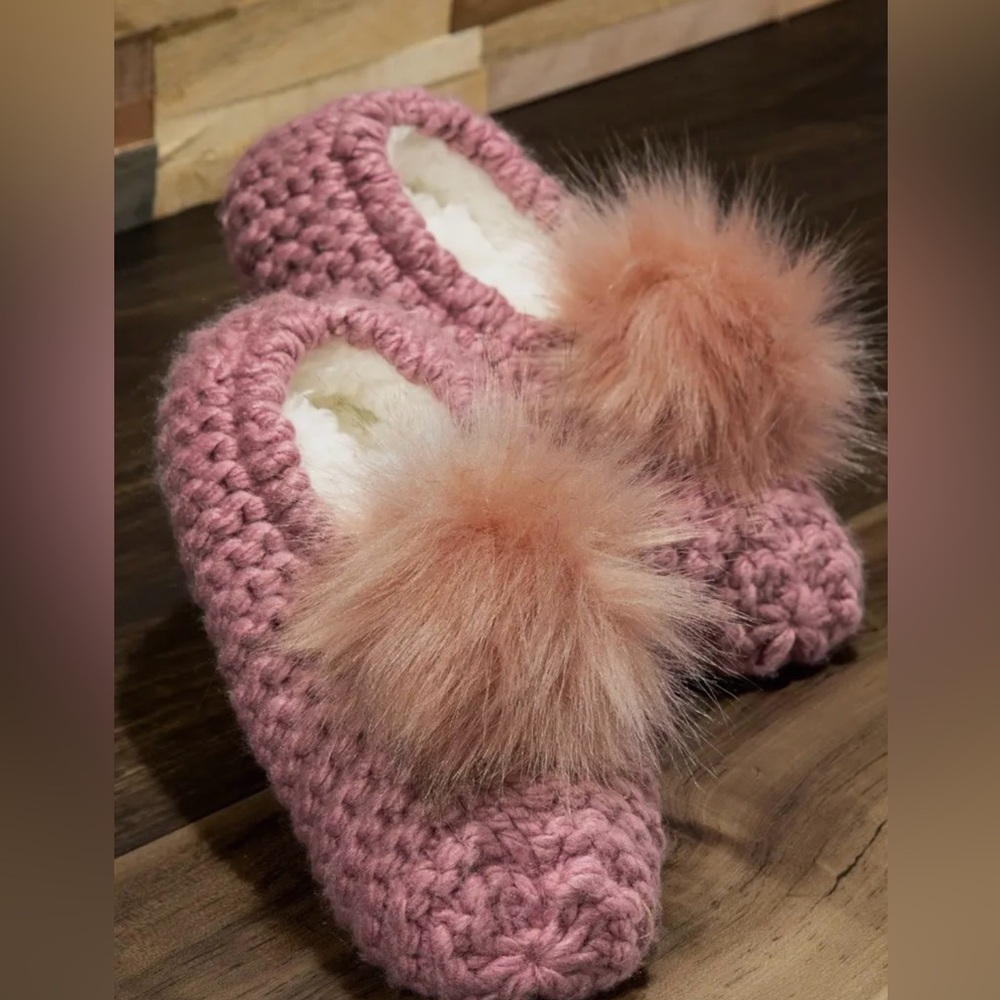 Pink Knit Microfiber Lined Furry Pom Pom Slippers
